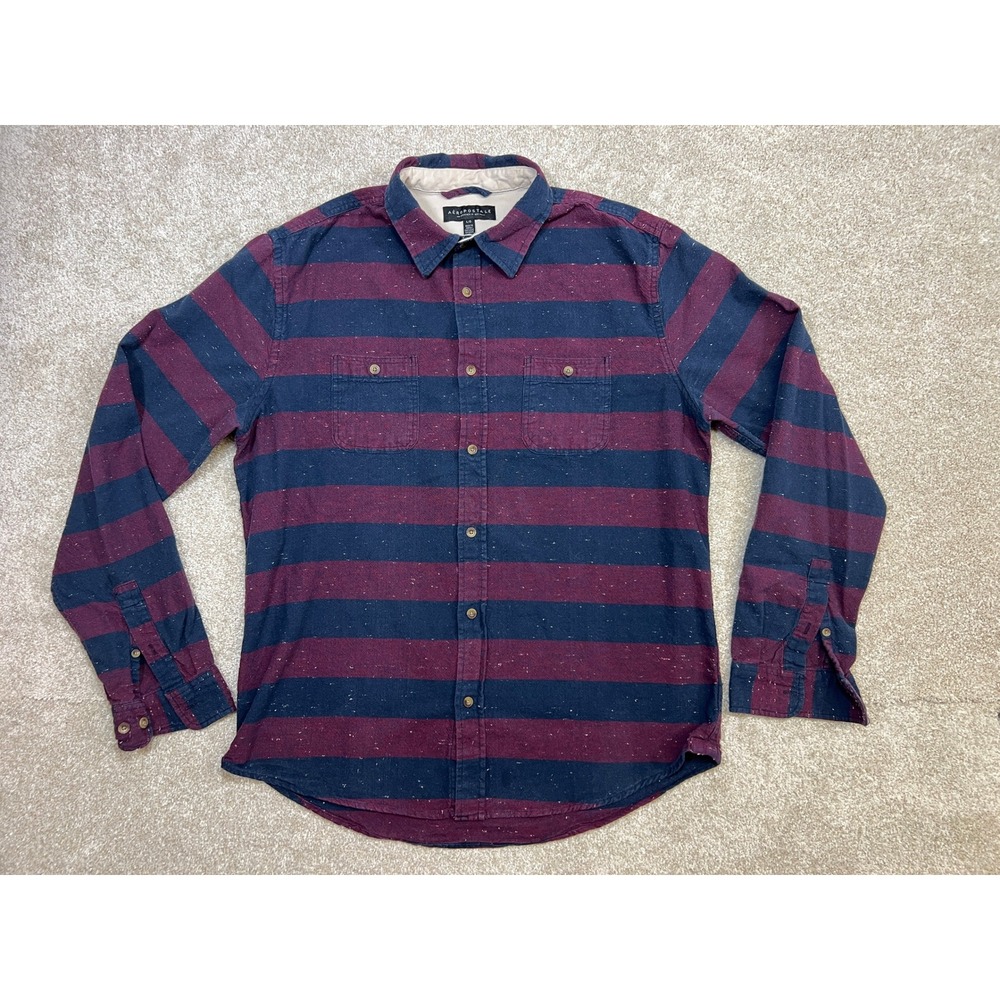 Aeropostale Mens Burgundy Navy Striped Speckled Long Sleeve Button Up Shirt L